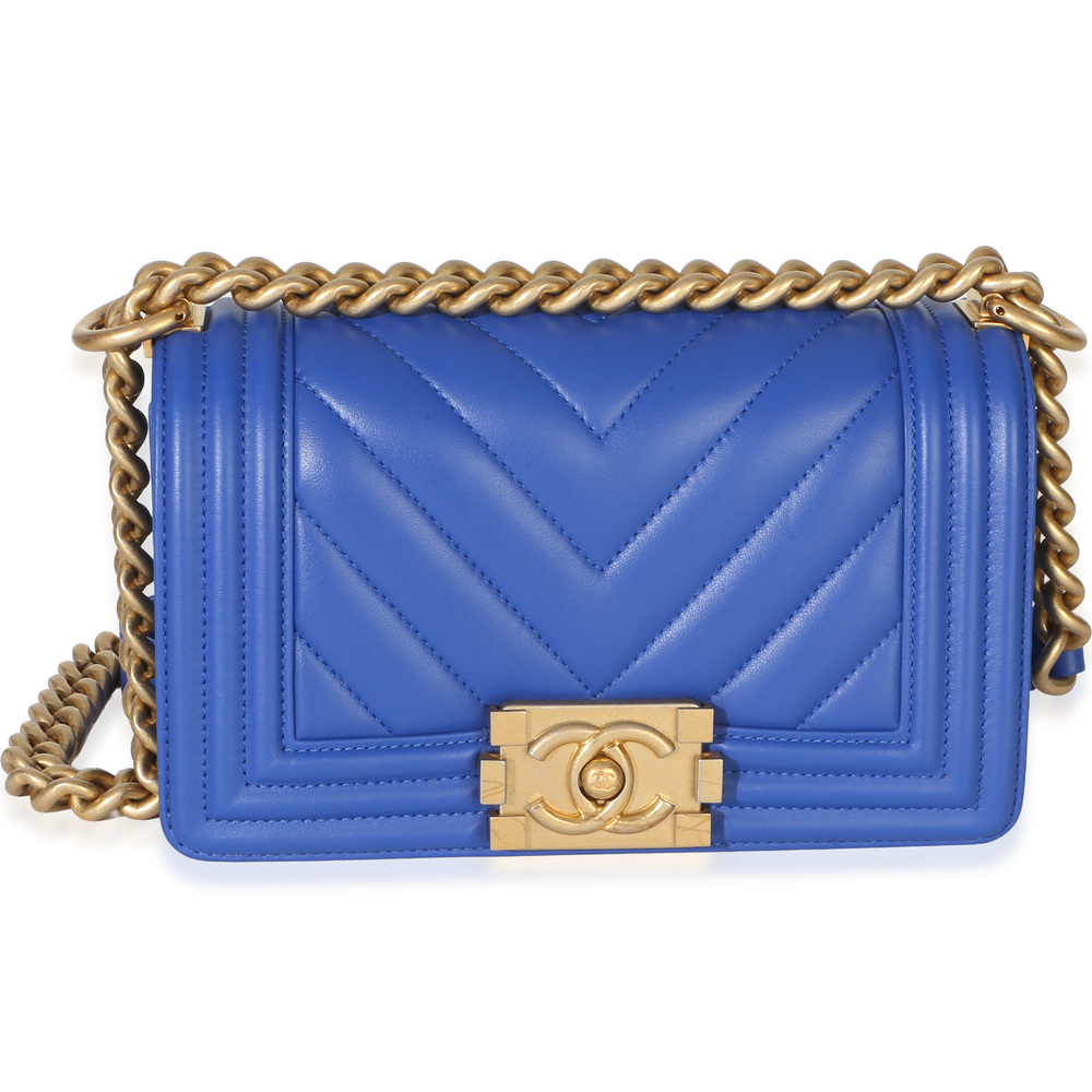Chanel Blue Lambskin Chevron Quilted Small Boy Bag